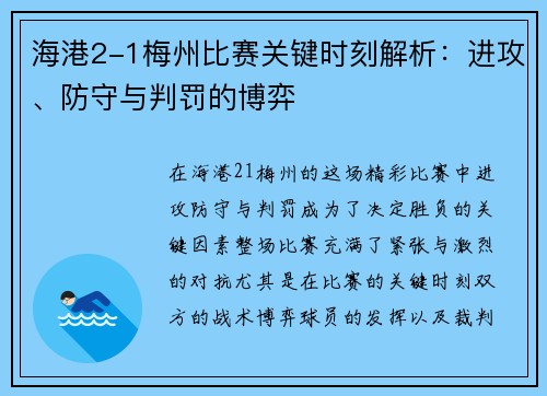 海港2-1梅州比赛关键时刻解析：进攻、防守与判罚的博弈